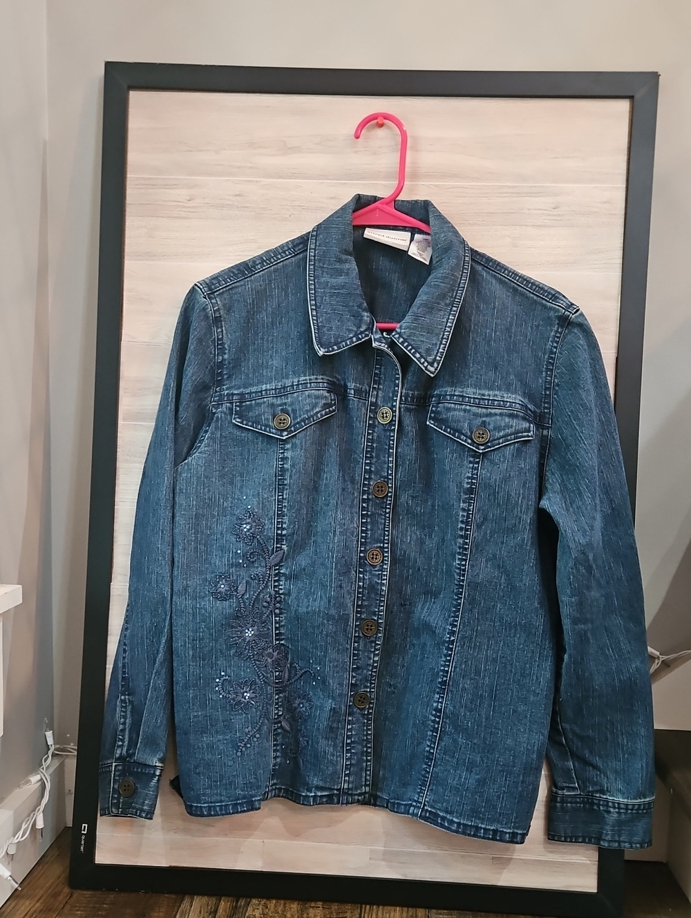 Alfred Dunner Womens Dark Blue Denim Shirt-Jacket with Embroidered Floral Detail